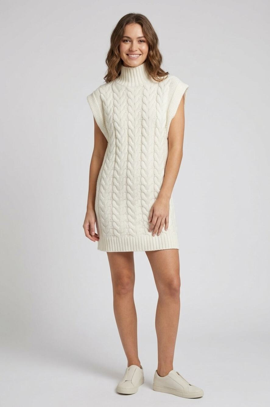 FORE Cable Knit Sweater Dress Tunic Vest L White Mockneck Sleeveless Preppy Cozy